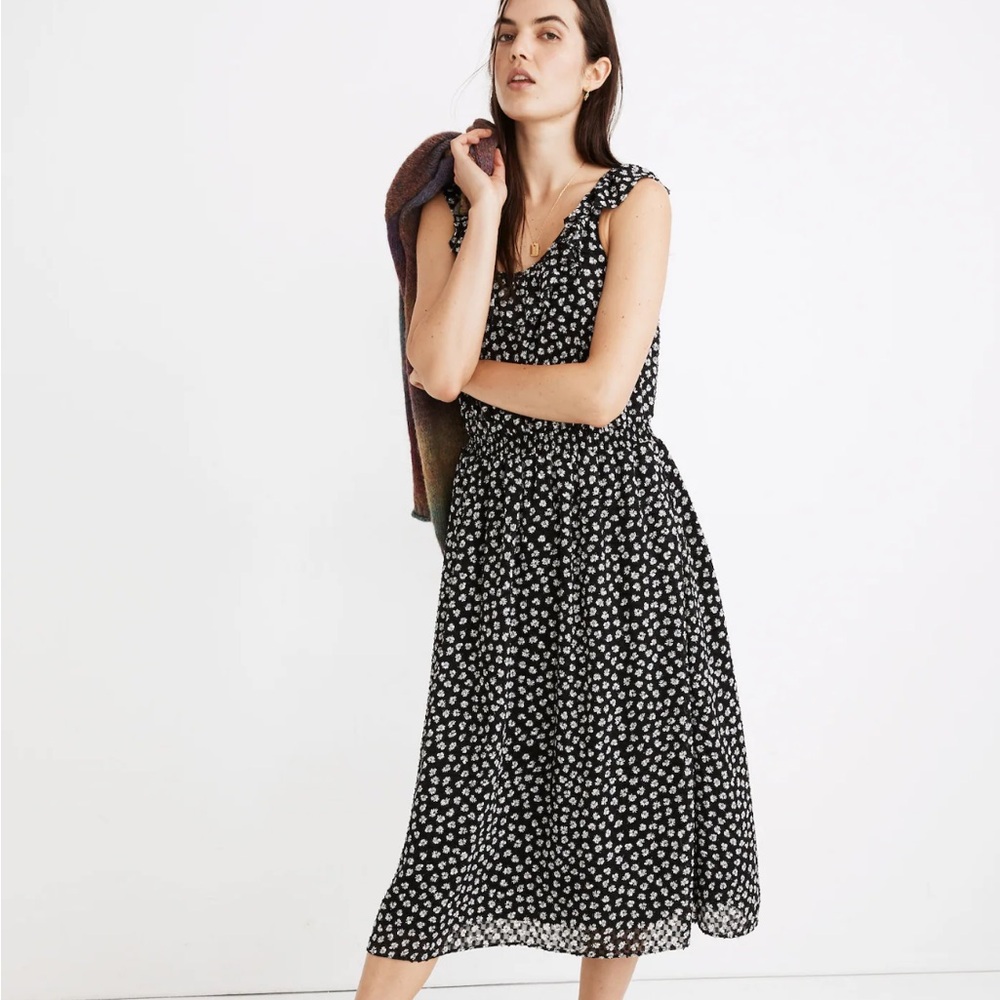 Madewell Black Midi Dress with White Floral Print